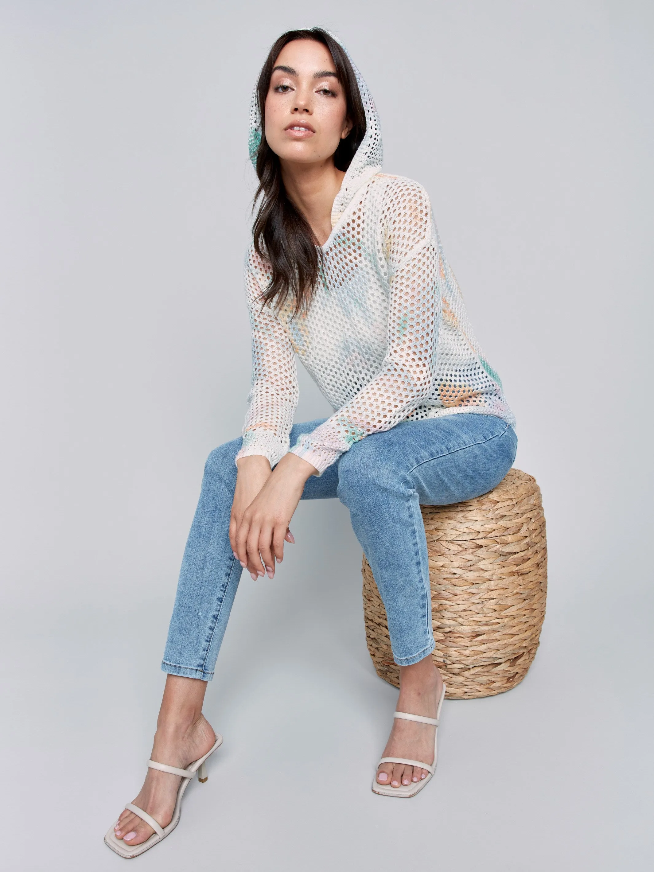 Printed Fishnet Crochet Hoodie Sweater - Pastel