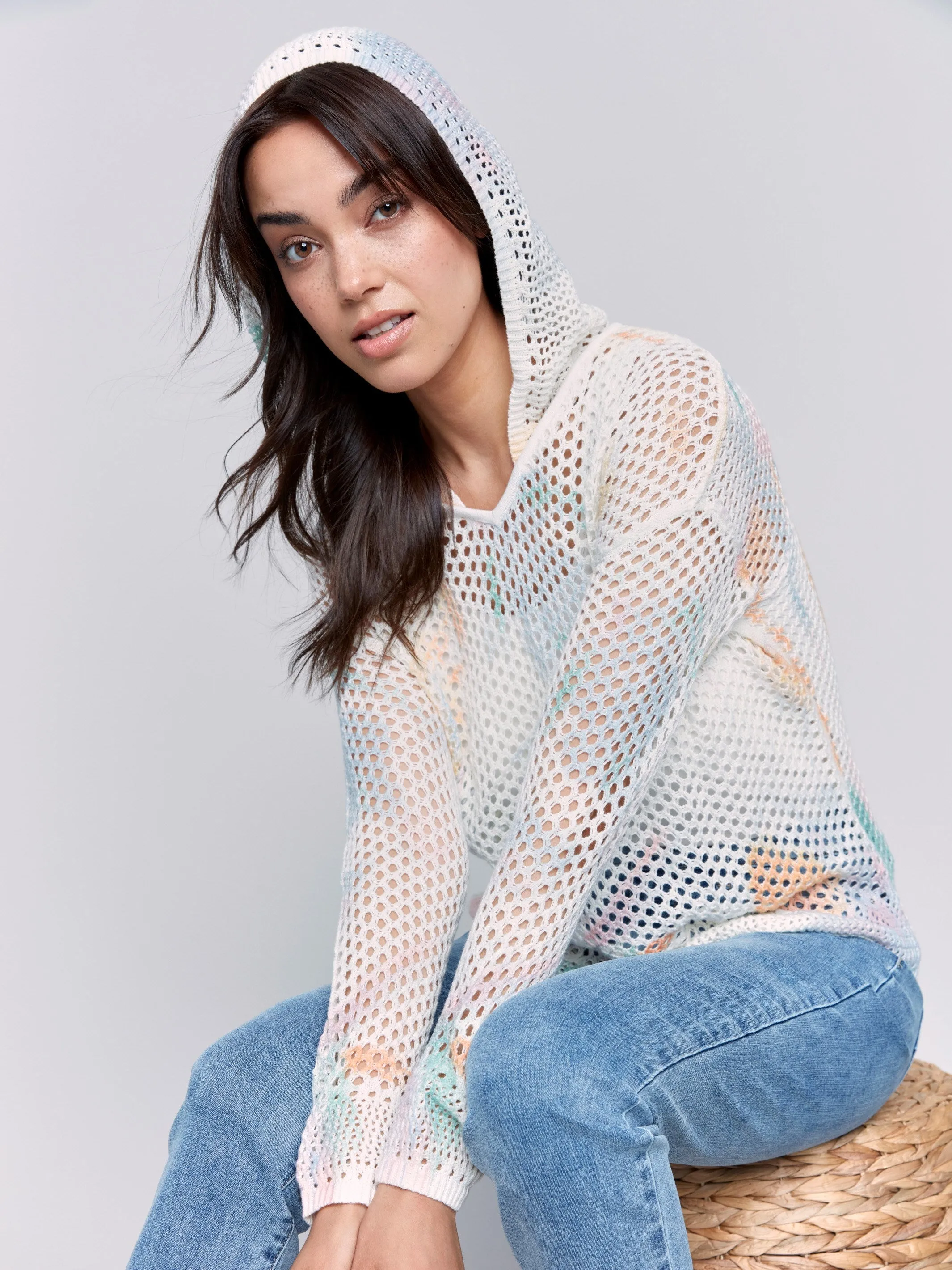 Printed Fishnet Crochet Hoodie Sweater - Pastel