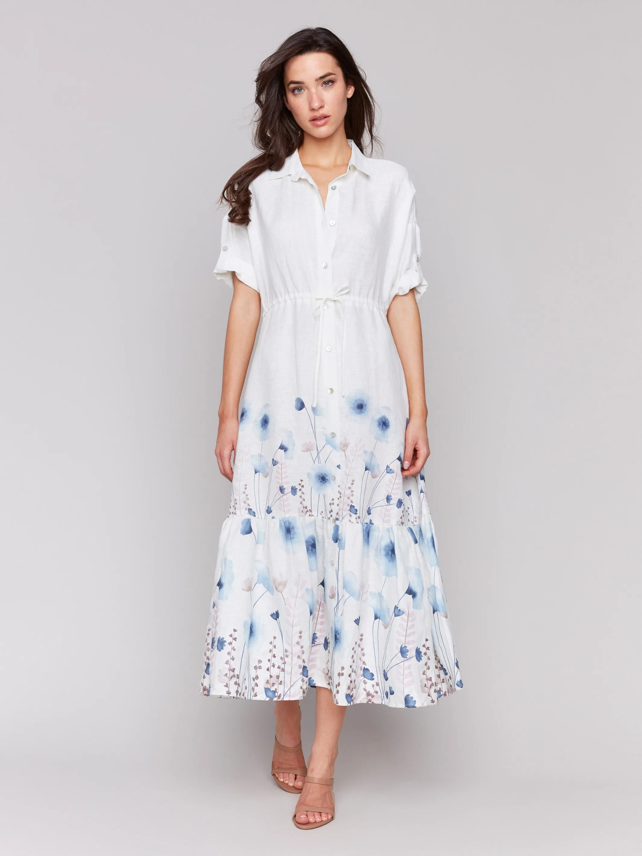 Printed Linen Blend Button-Front Maxi Shirt Dress - Field