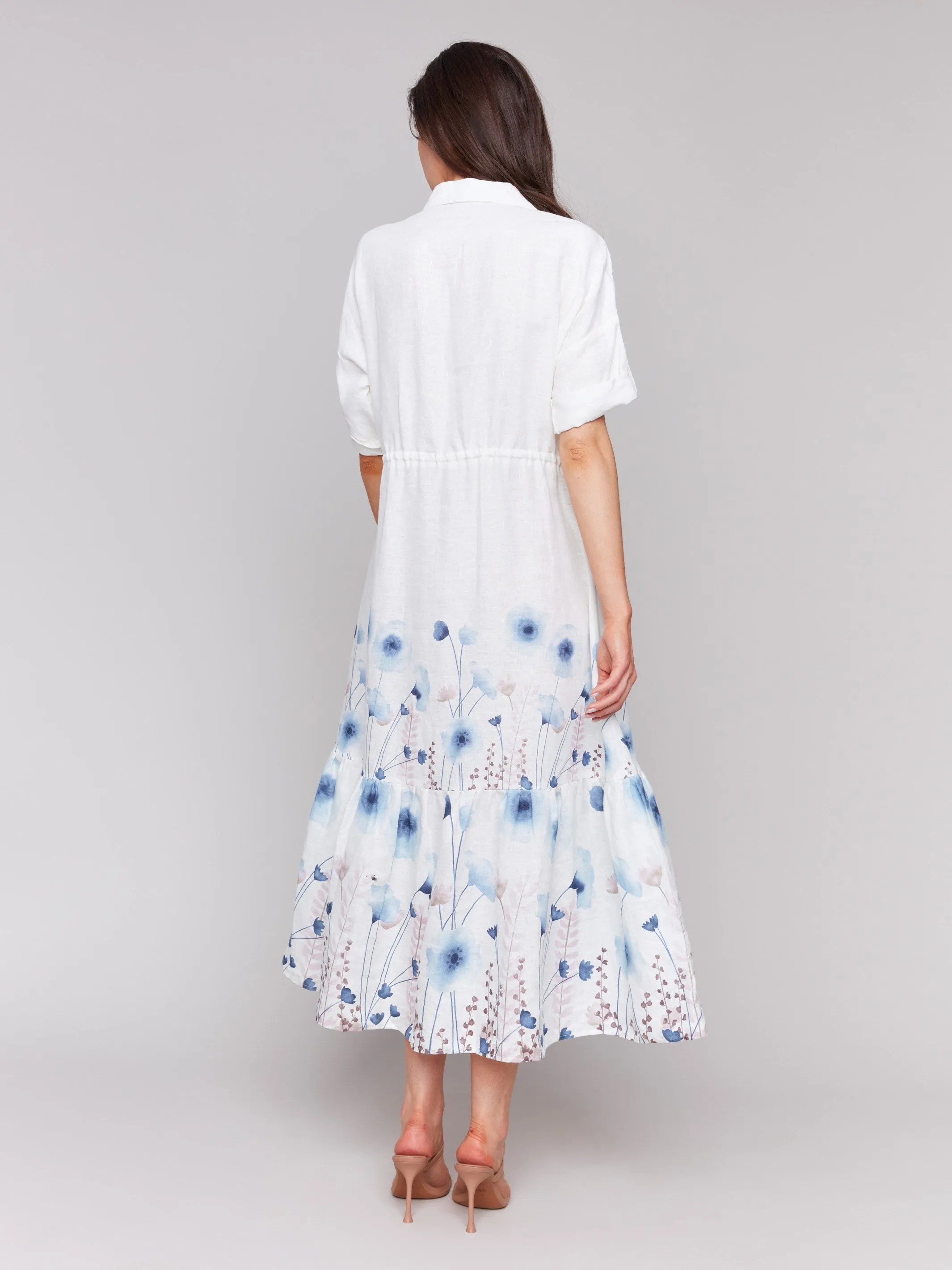 Printed Linen Blend Button-Front Maxi Shirt Dress - Field