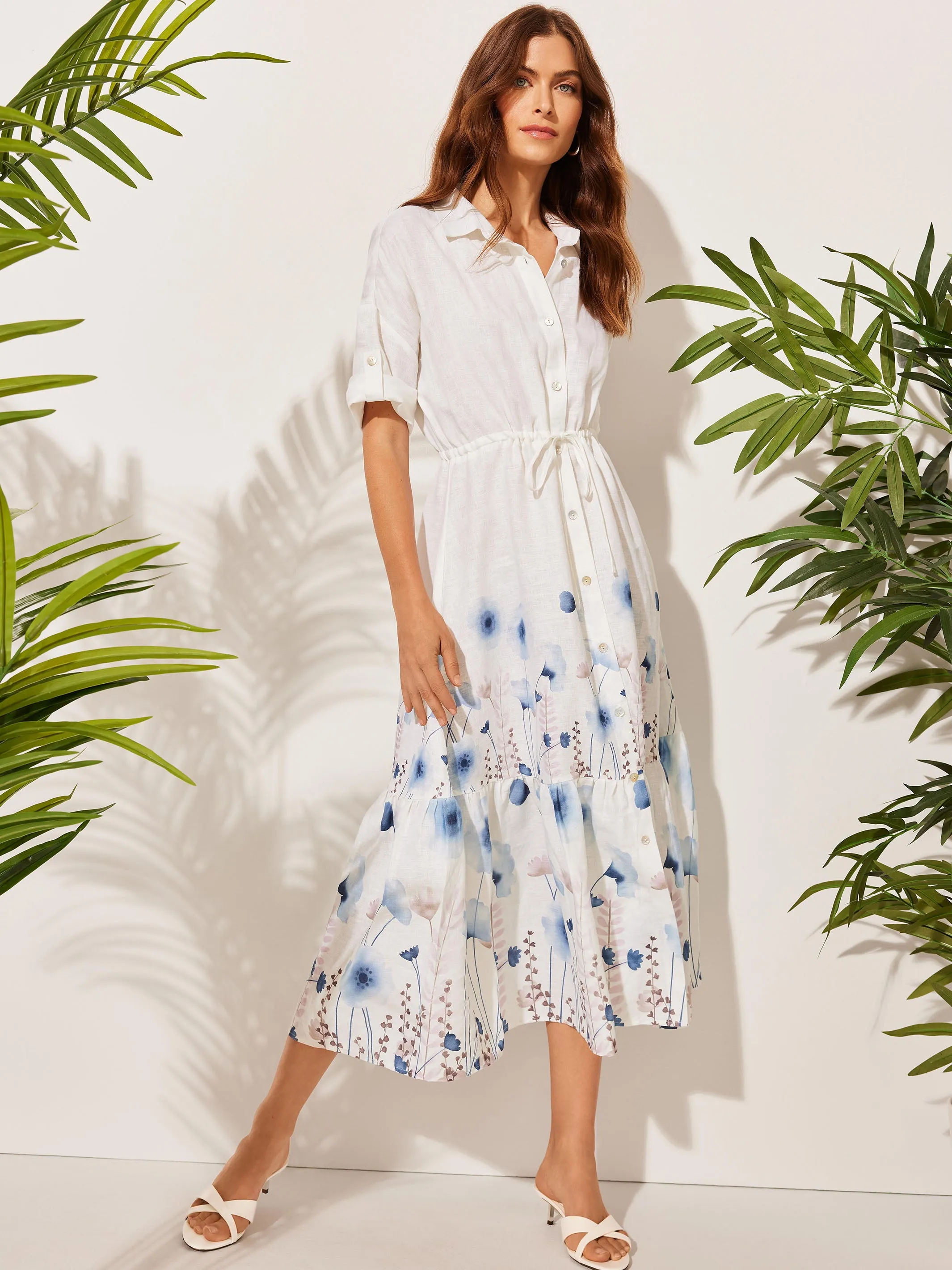 Printed Linen Blend Button-Front Maxi Shirt Dress - Field