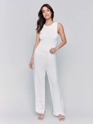Pull-On Linen Pants with Eyelet Embroidery - White