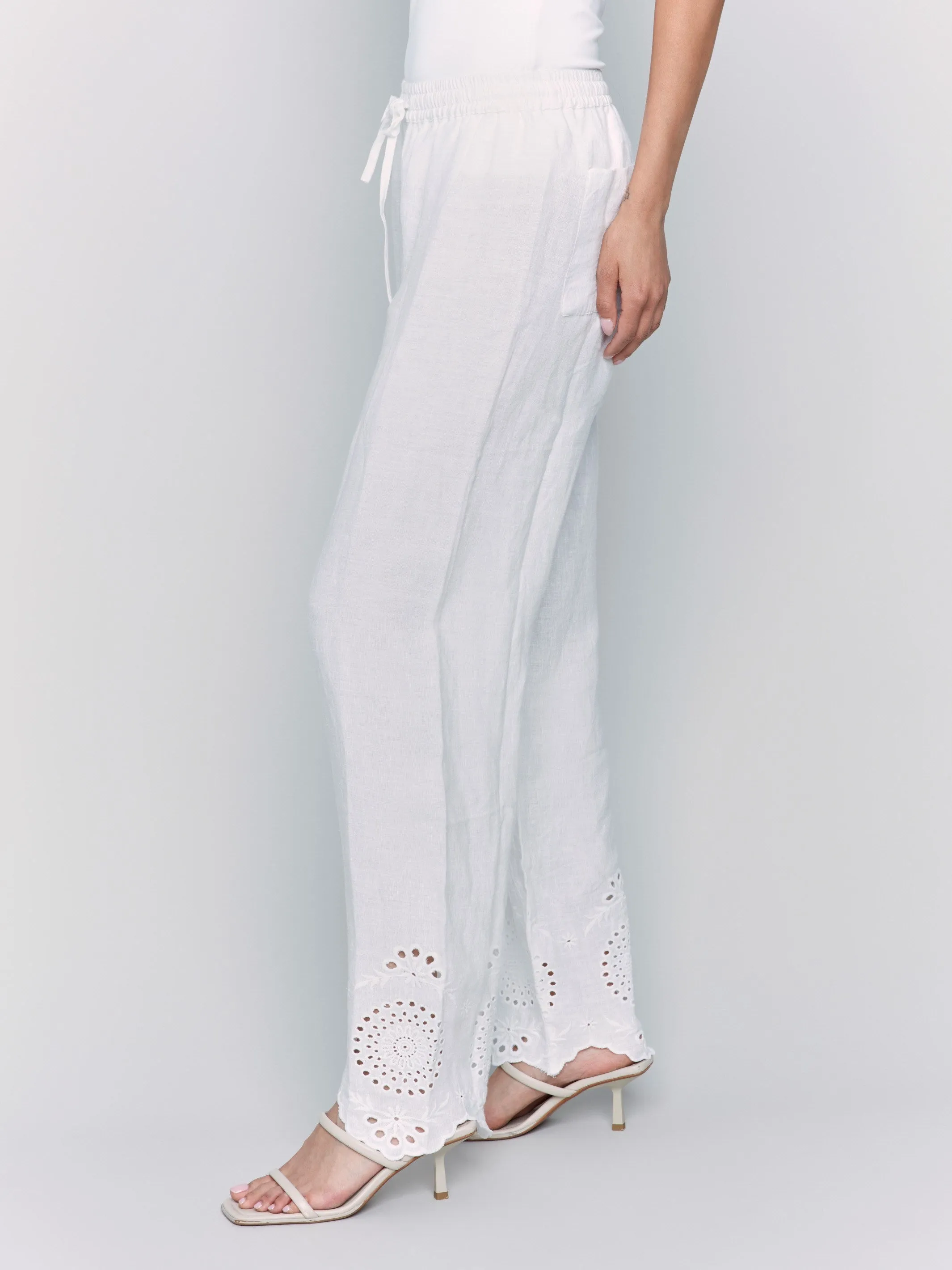 Pull-On Linen Pants with Eyelet Embroidery - White