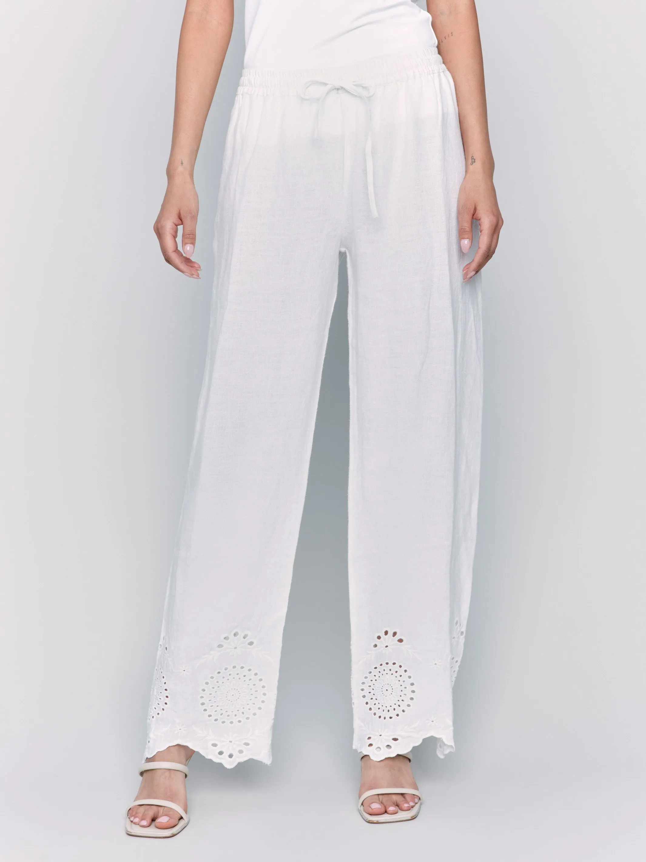 Pull-On Linen Pants with Eyelet Embroidery - White