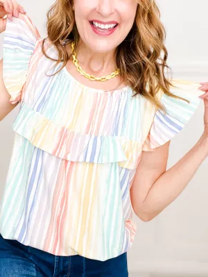 Radiant Spectrum Ruffled Round Neck Sleeveless Top