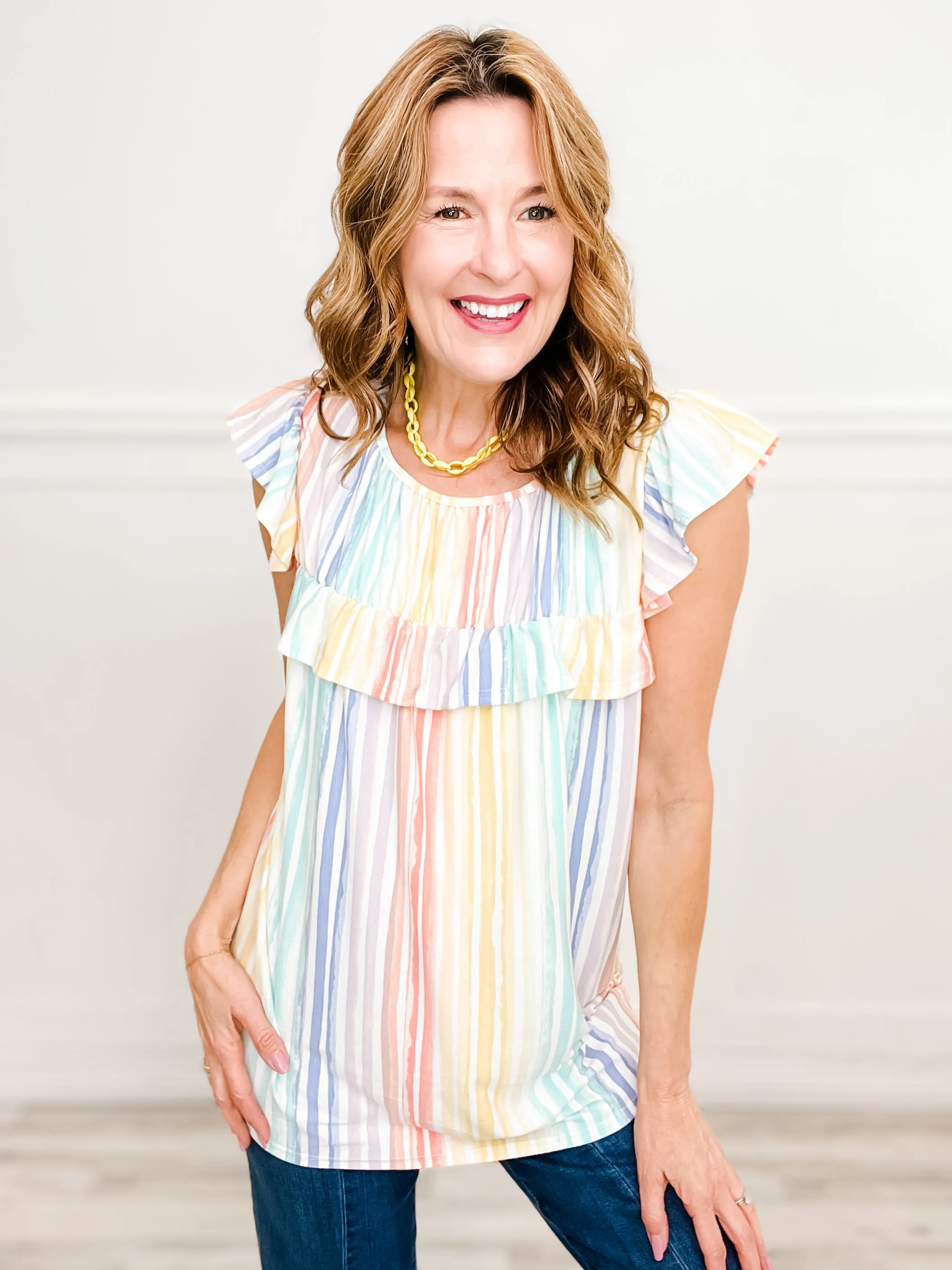 Radiant Spectrum Ruffled Round Neck Sleeveless Top