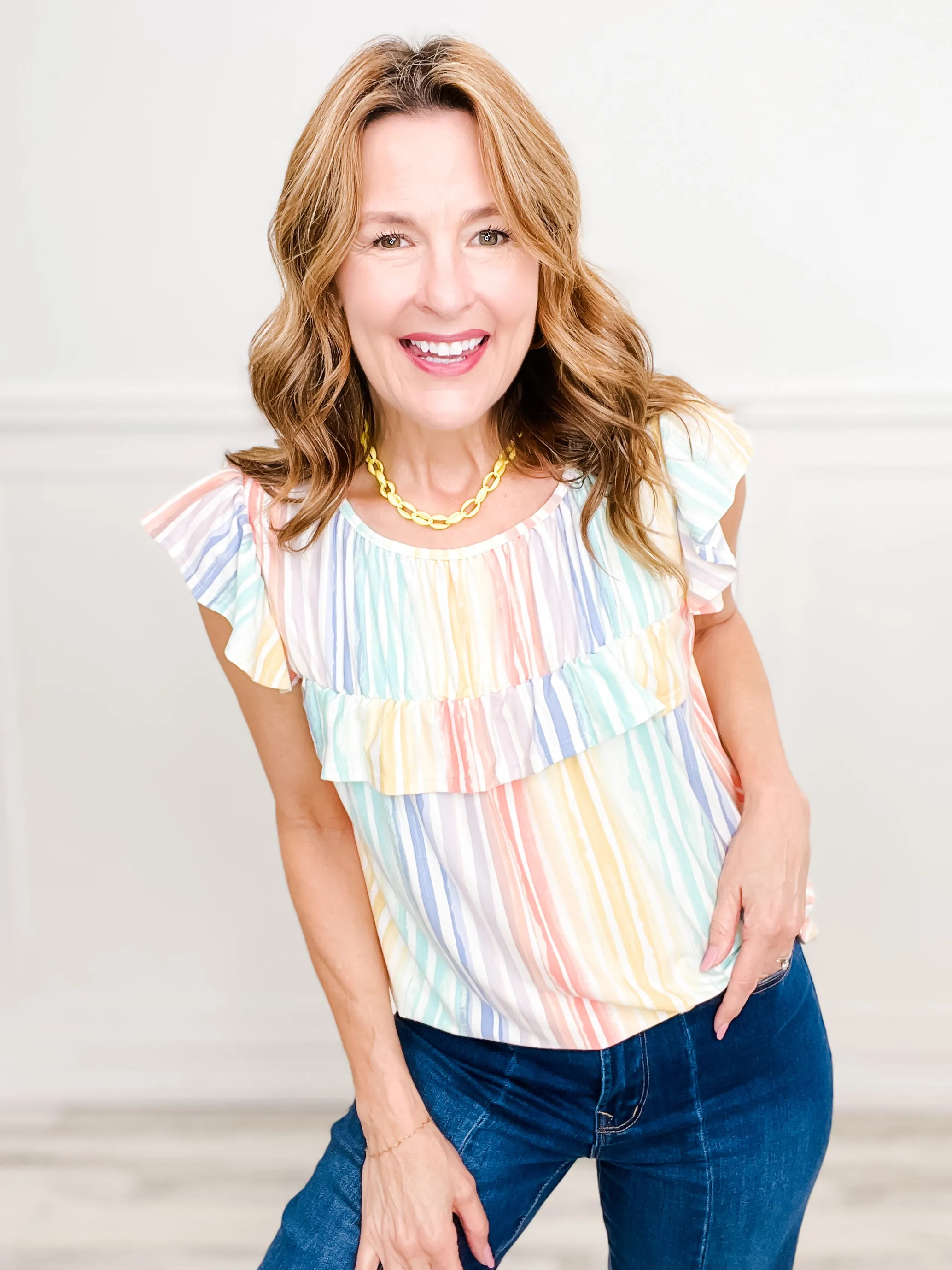 Radiant Spectrum Ruffled Round Neck Sleeveless Top