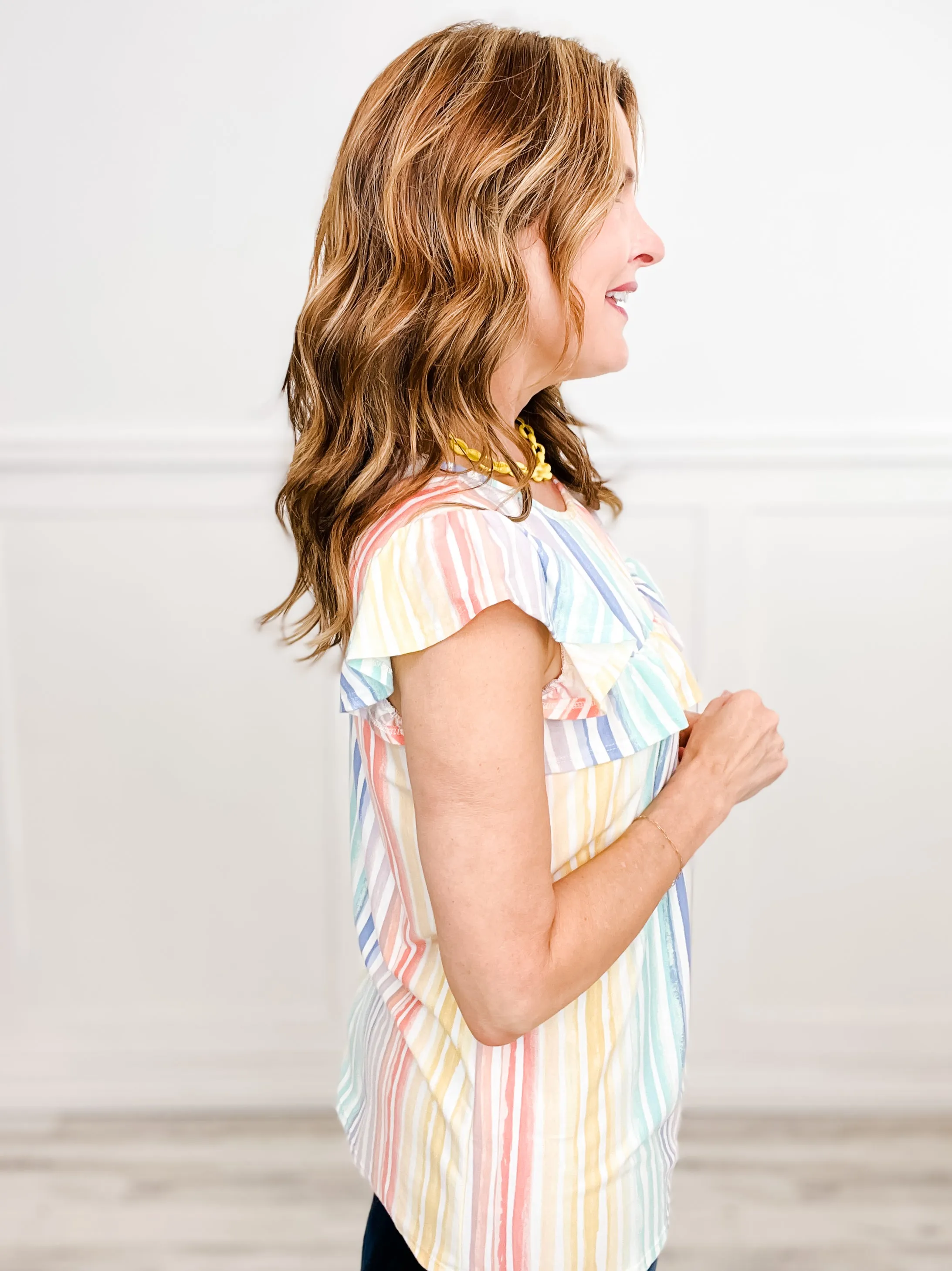 Radiant Spectrum Ruffled Round Neck Sleeveless Top