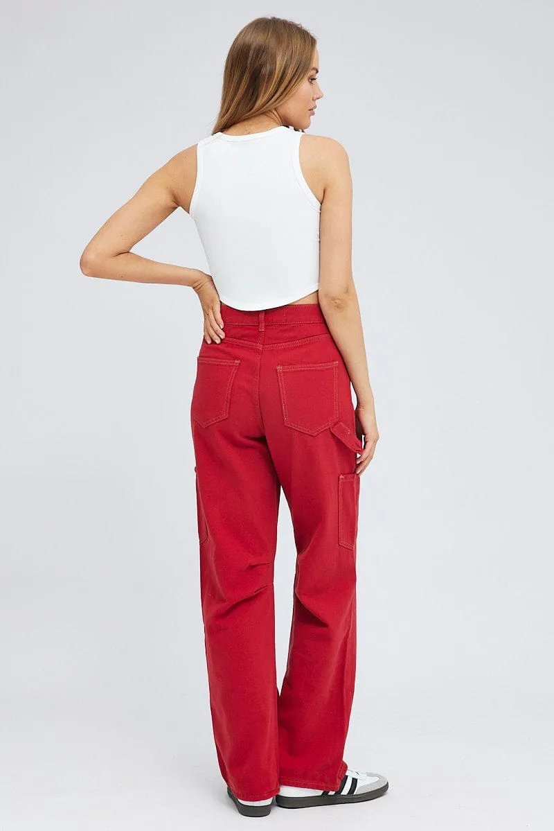 Red Cargo Jeans Mid Rise