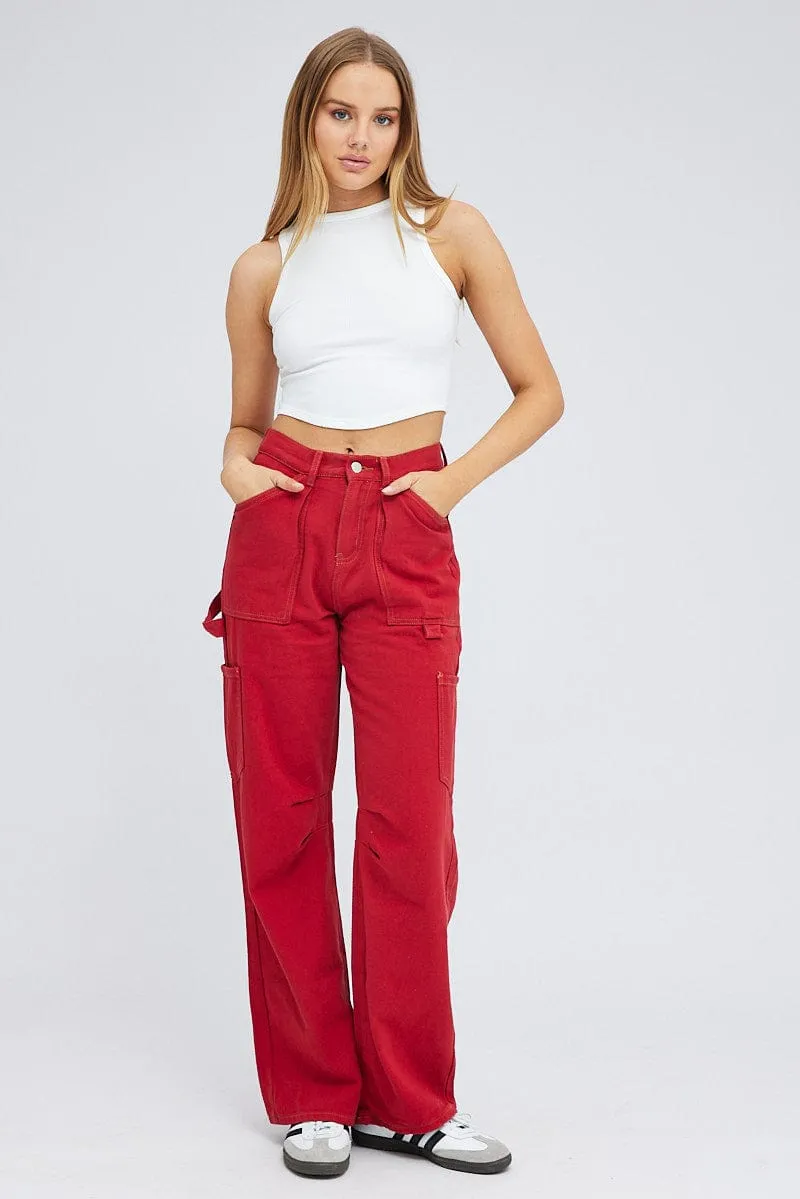 Red Cargo Jeans Mid Rise