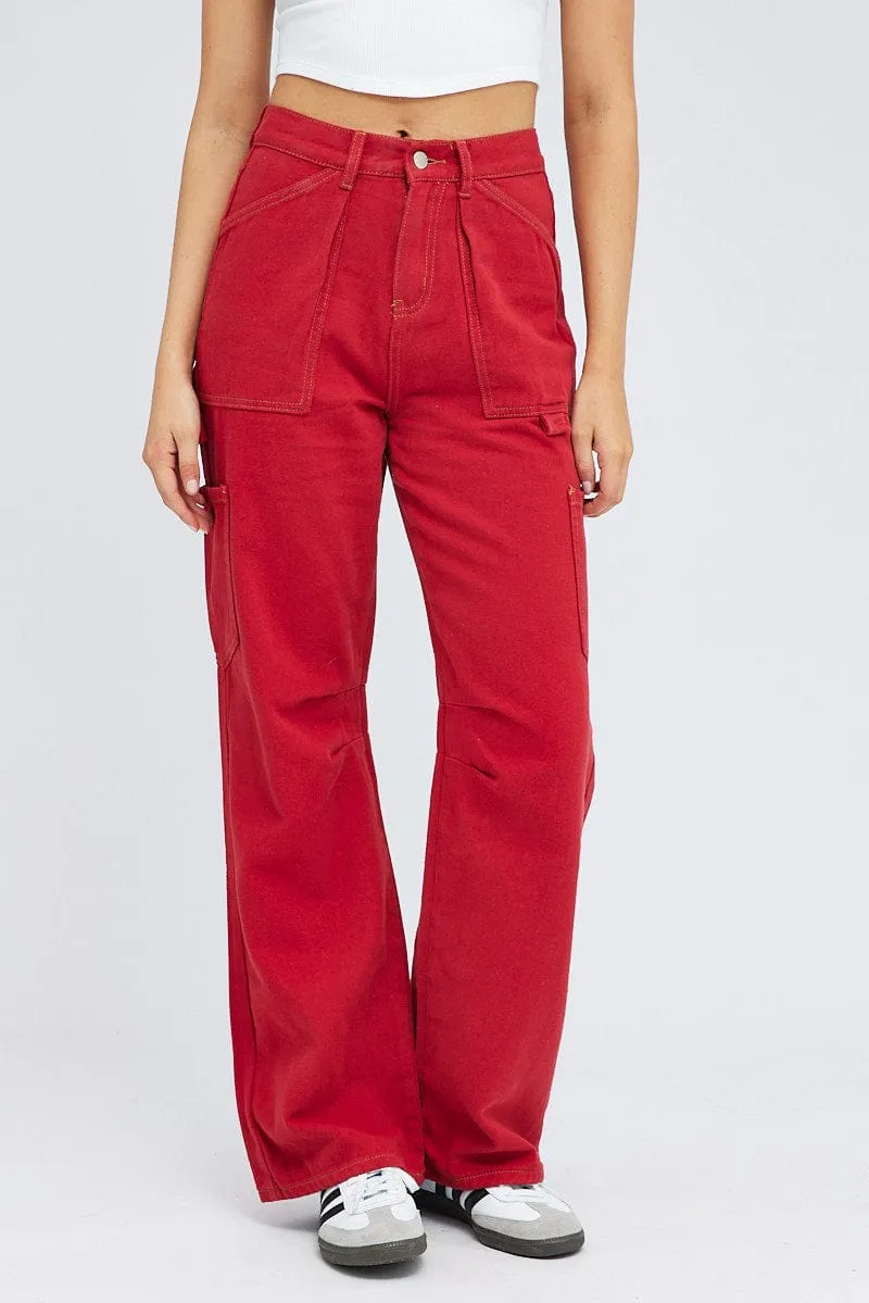 Red Cargo Jeans Mid Rise