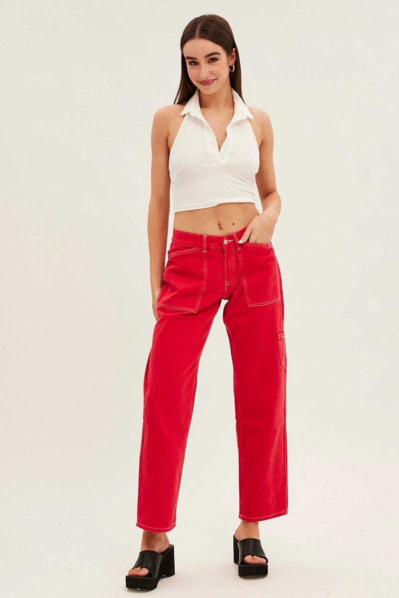 Red Cargo Denim Jeans Low Rise