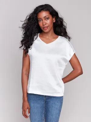Satin V-Neck Knit Top - Natural