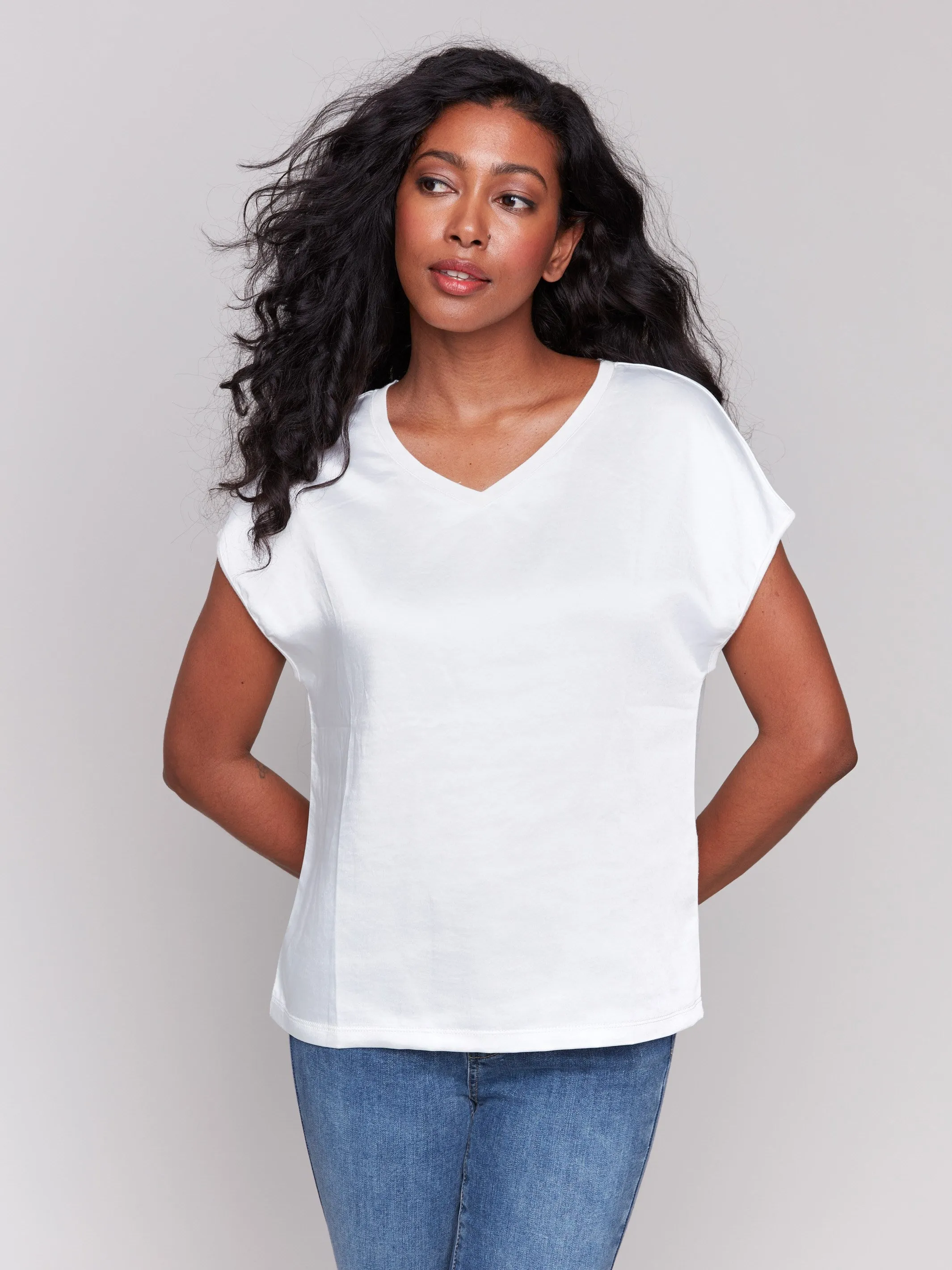 Satin V-Neck Knit Top - Natural