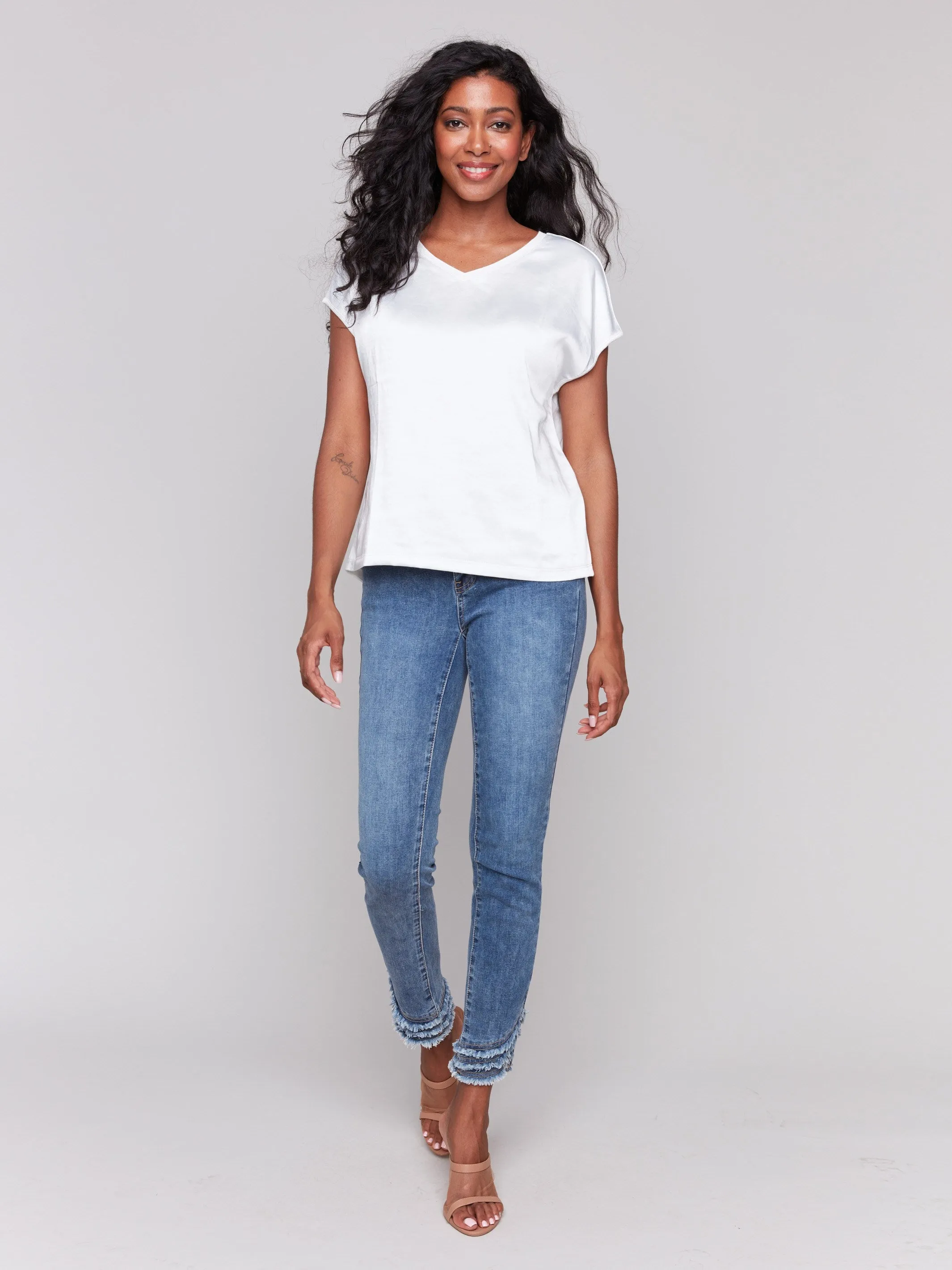 Satin V-Neck Knit Top - Natural