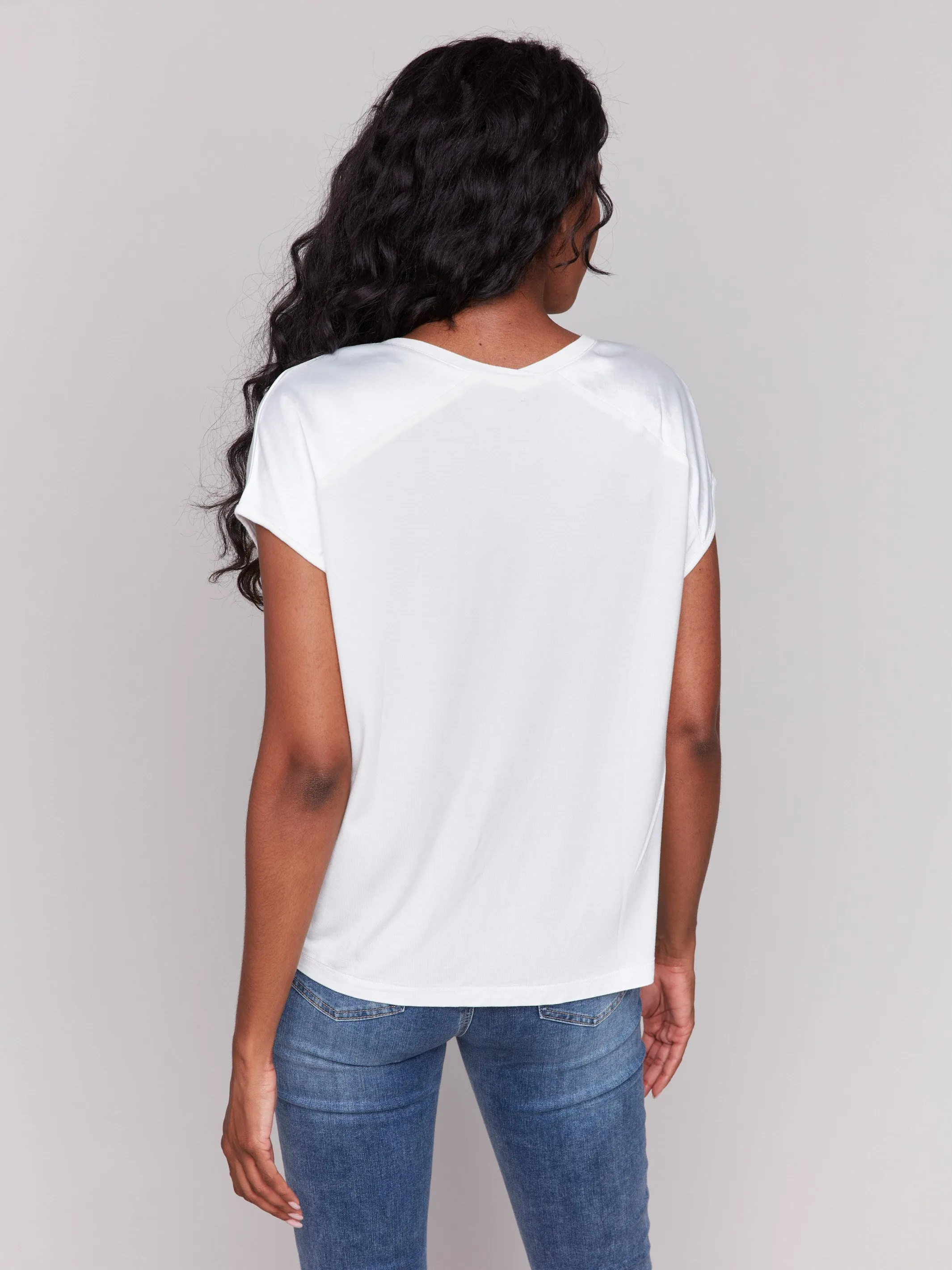 Satin V-Neck Knit Top - Natural