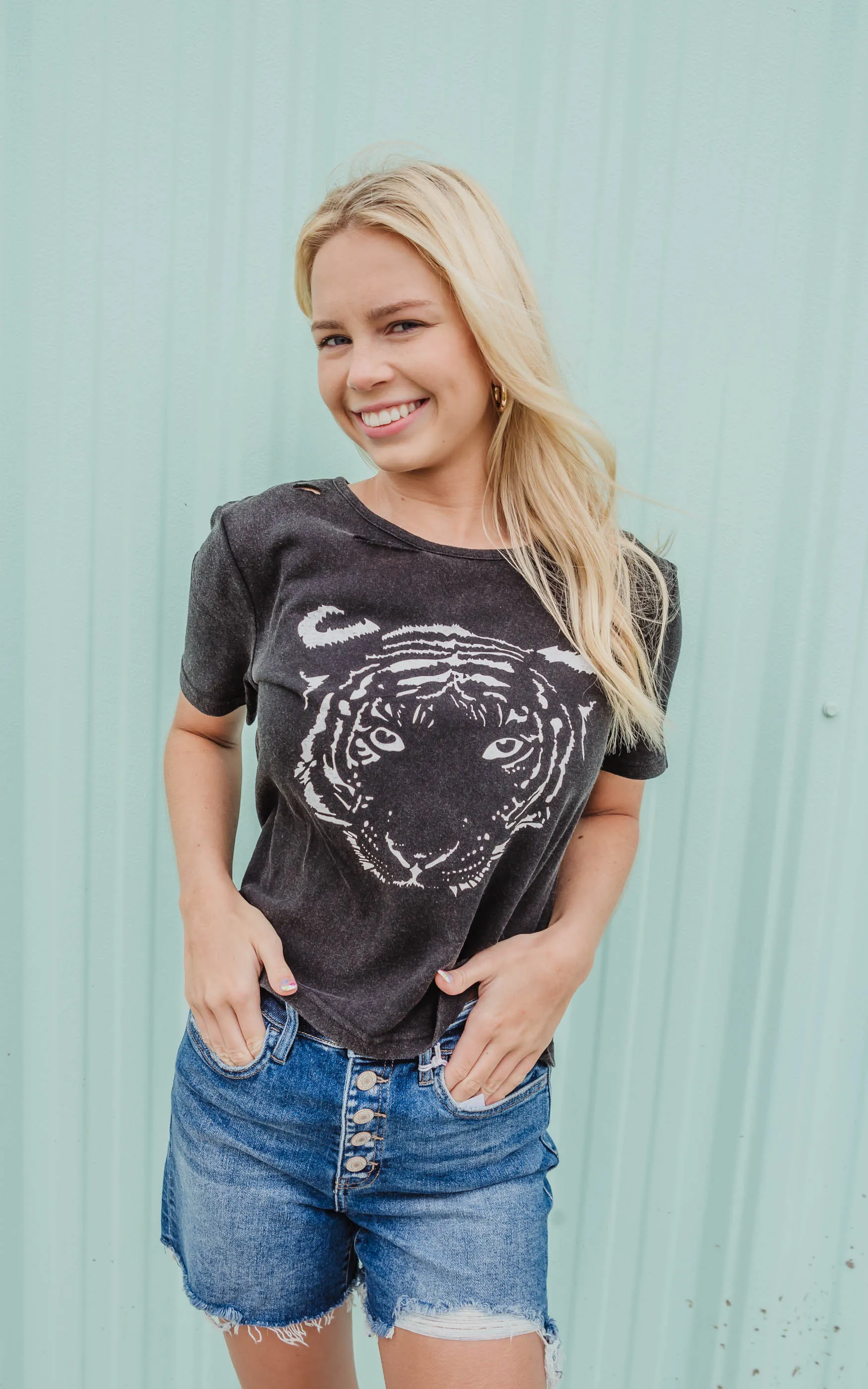 Stone Wash Cut Out Tiger Graphic Crop Tee - Final Sale