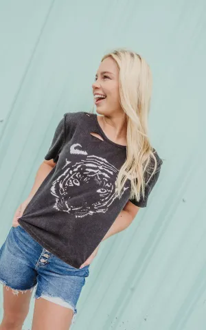 Stone Wash Cut Out Tiger Graphic Crop Tee - Final Sale
