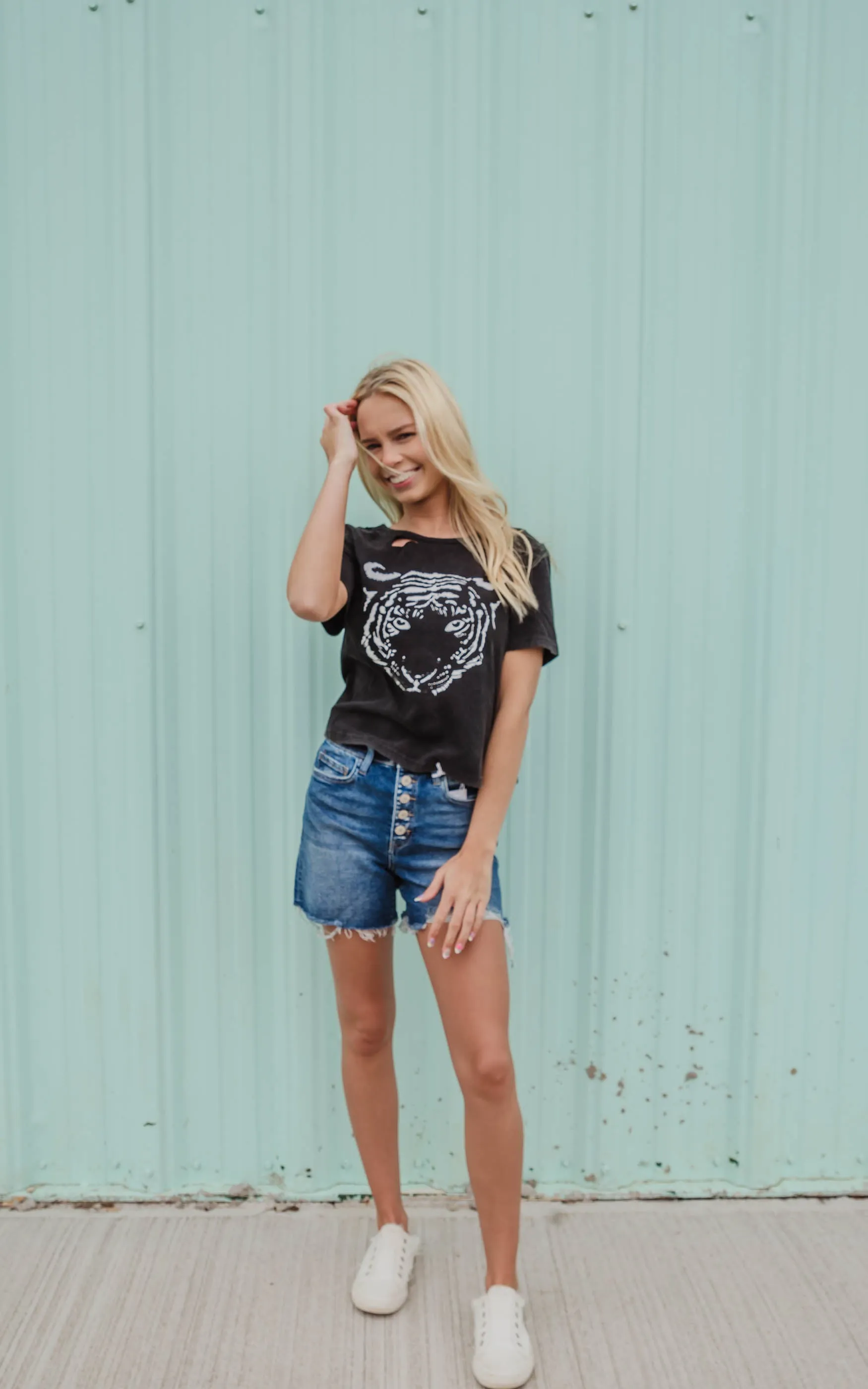 Stone Wash Cut Out Tiger Graphic Crop Tee - Final Sale