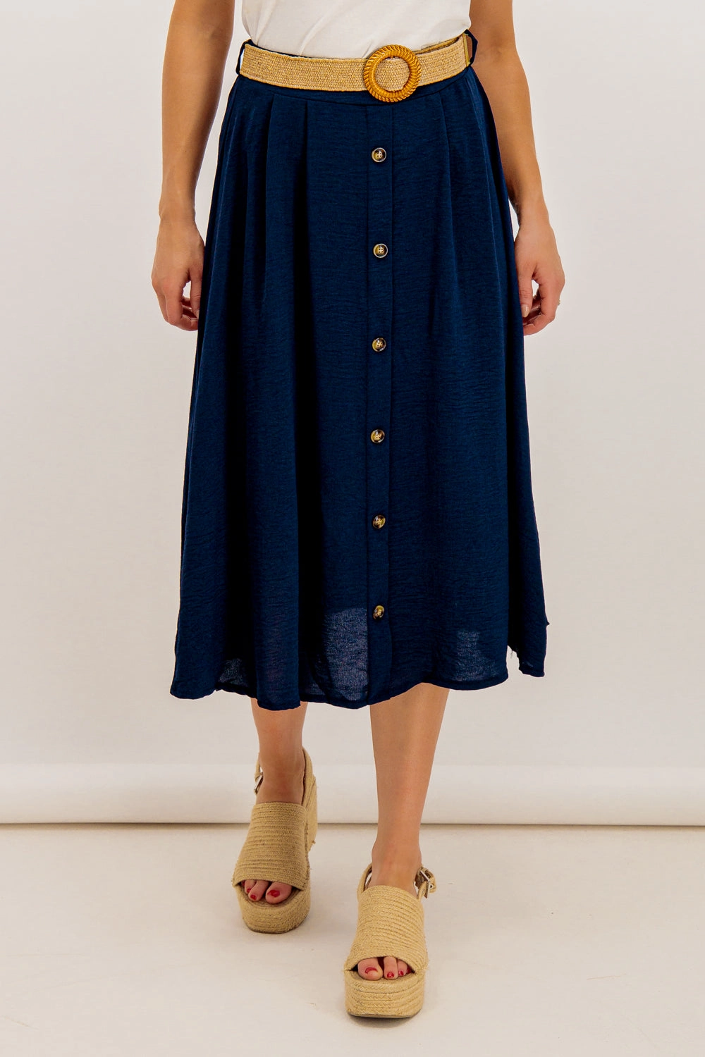 Tara Navy Button Belted Midi Skirt