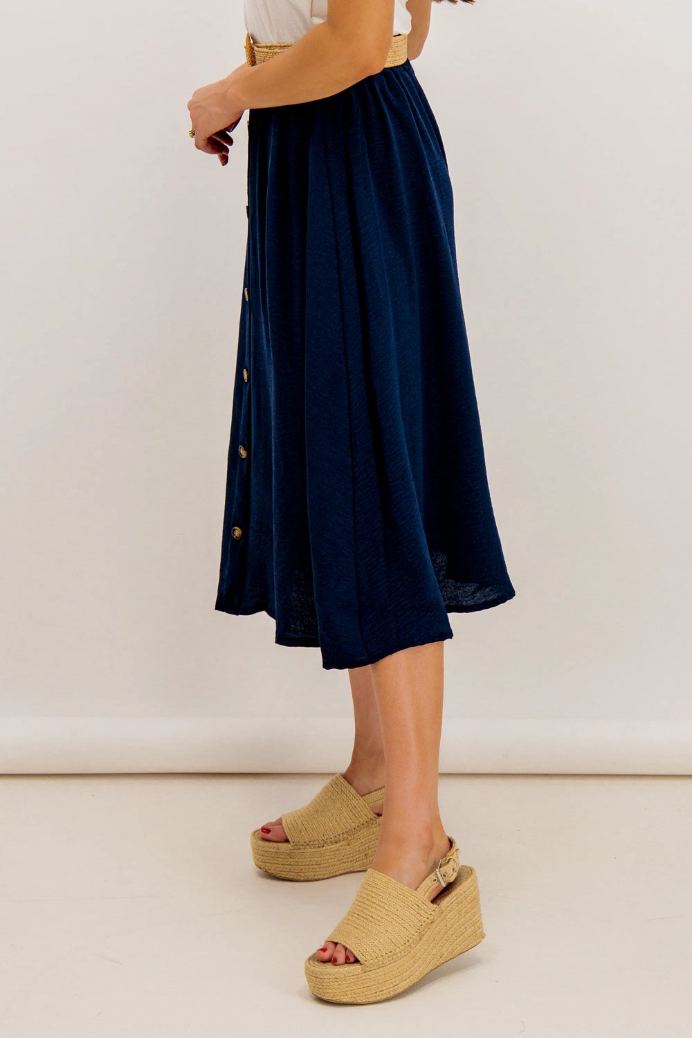Tara Navy Button Belted Midi Skirt