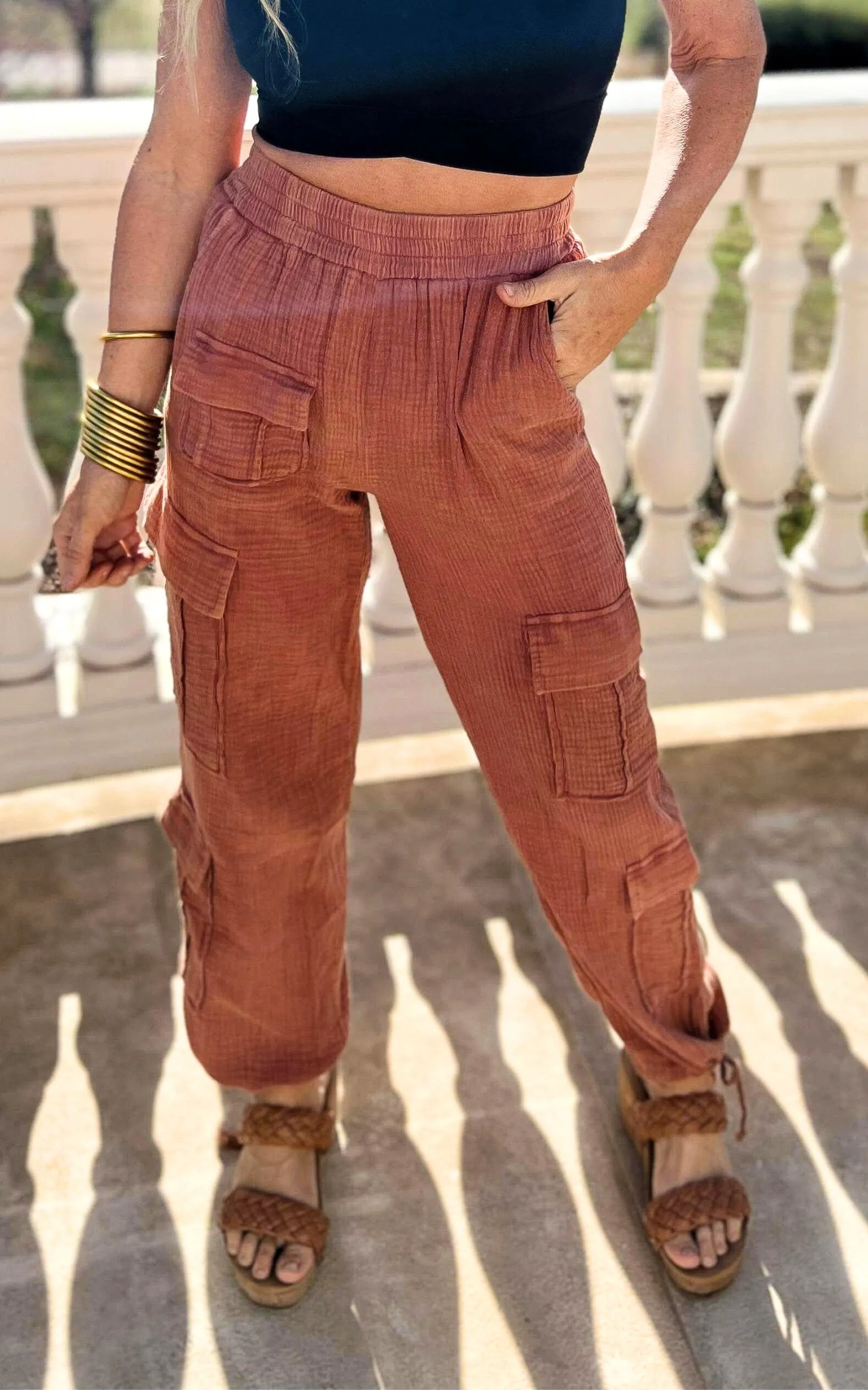 Terracotta Cinched Mineral Wash Cargo Joggers ** Final Sale