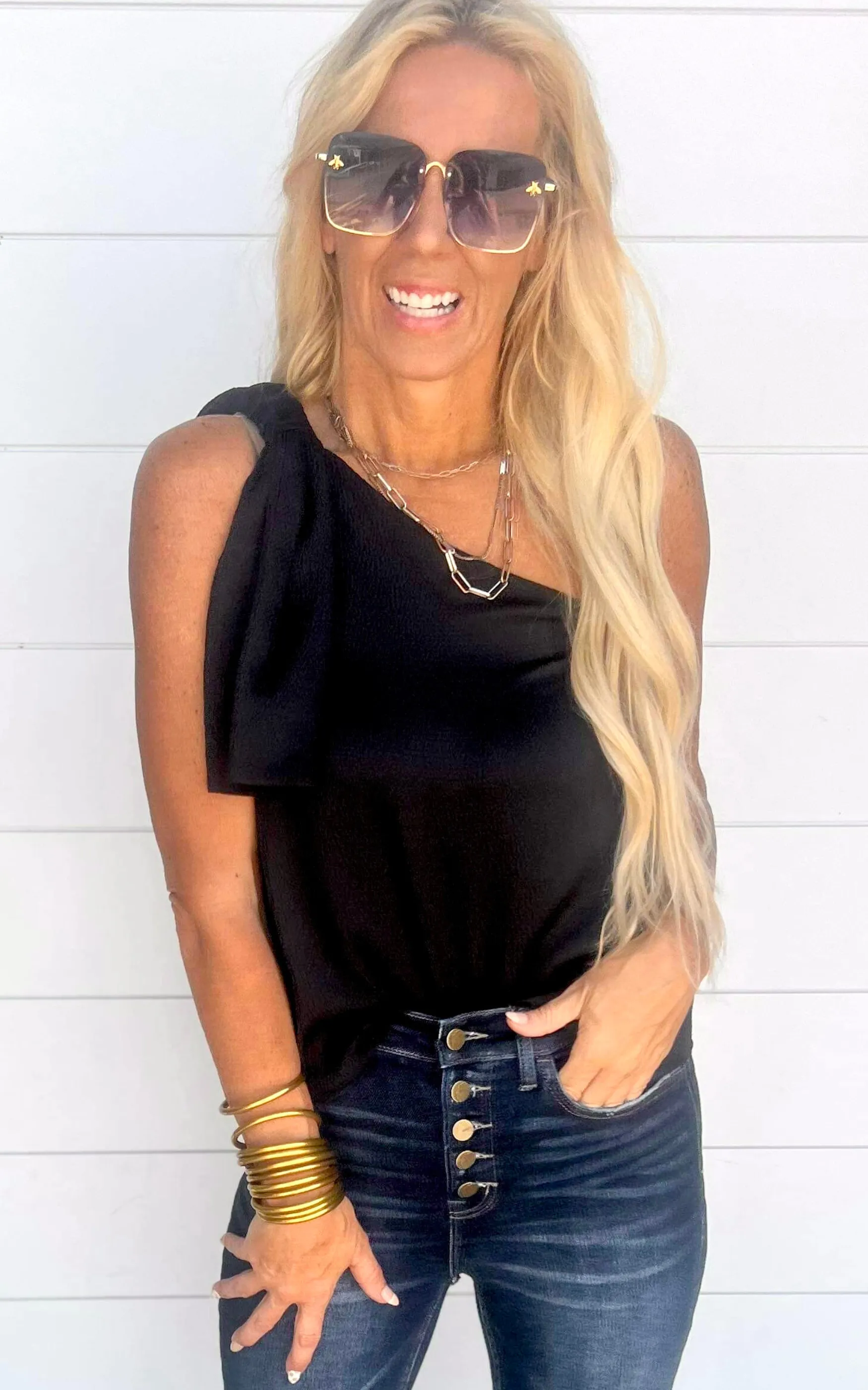 The Addison Black Satin One Shoulder Top - Final Sale