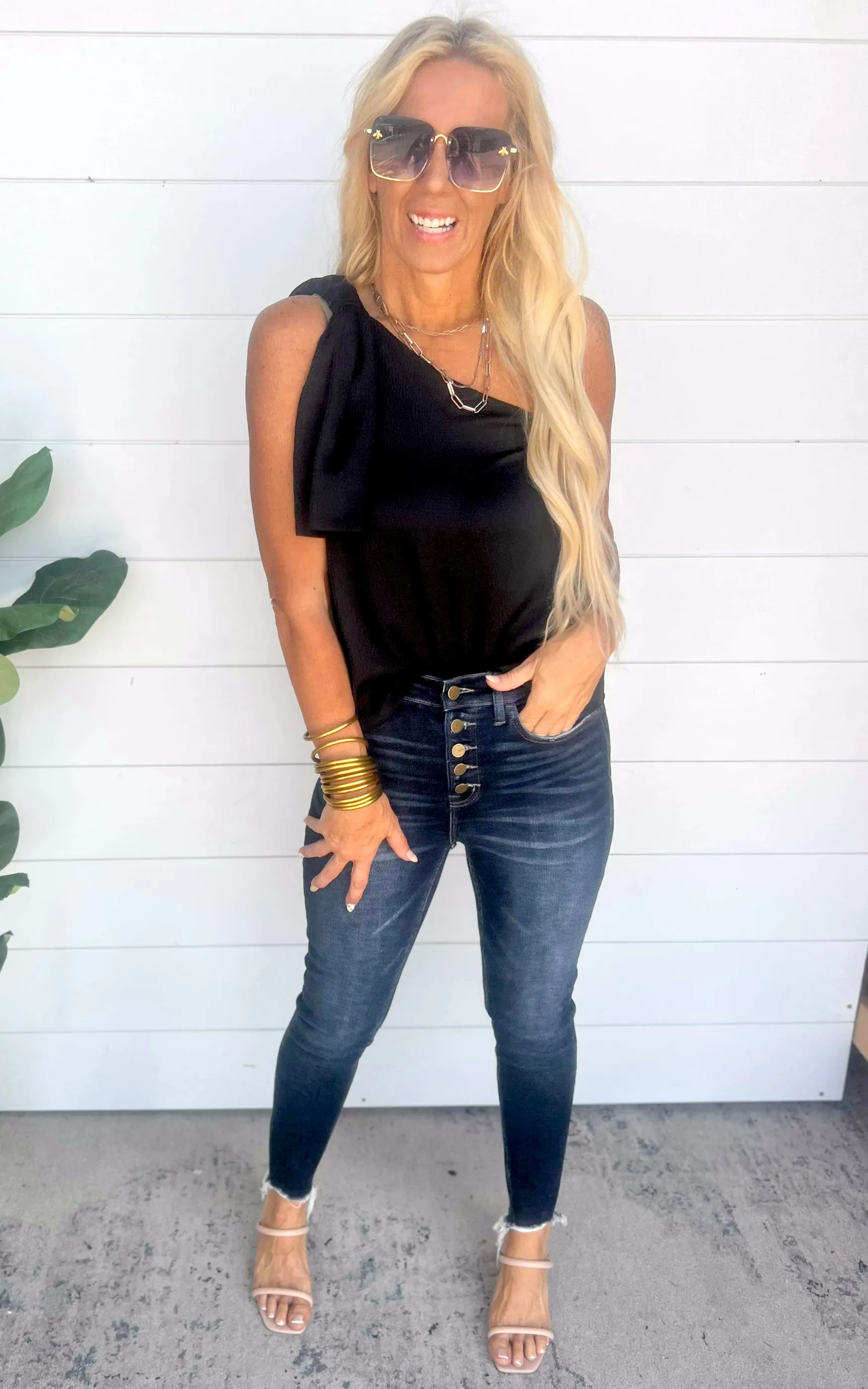 The Addison Black Satin One Shoulder Top - Final Sale