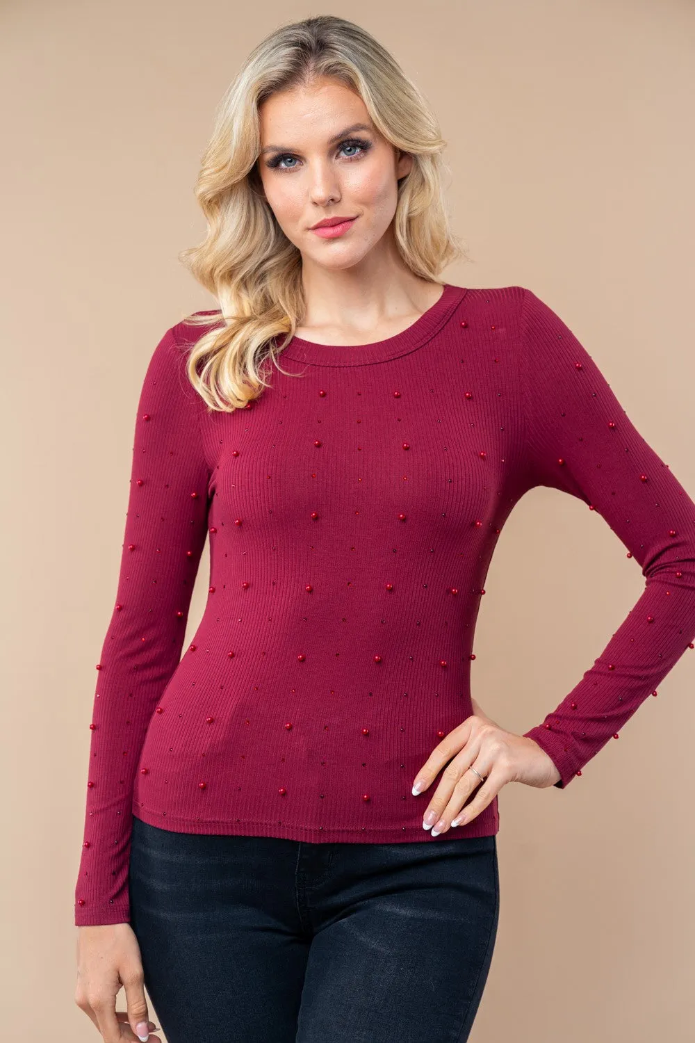 The Holiday Pearl Long Sleeve Solid Knit Top** - Final Sale