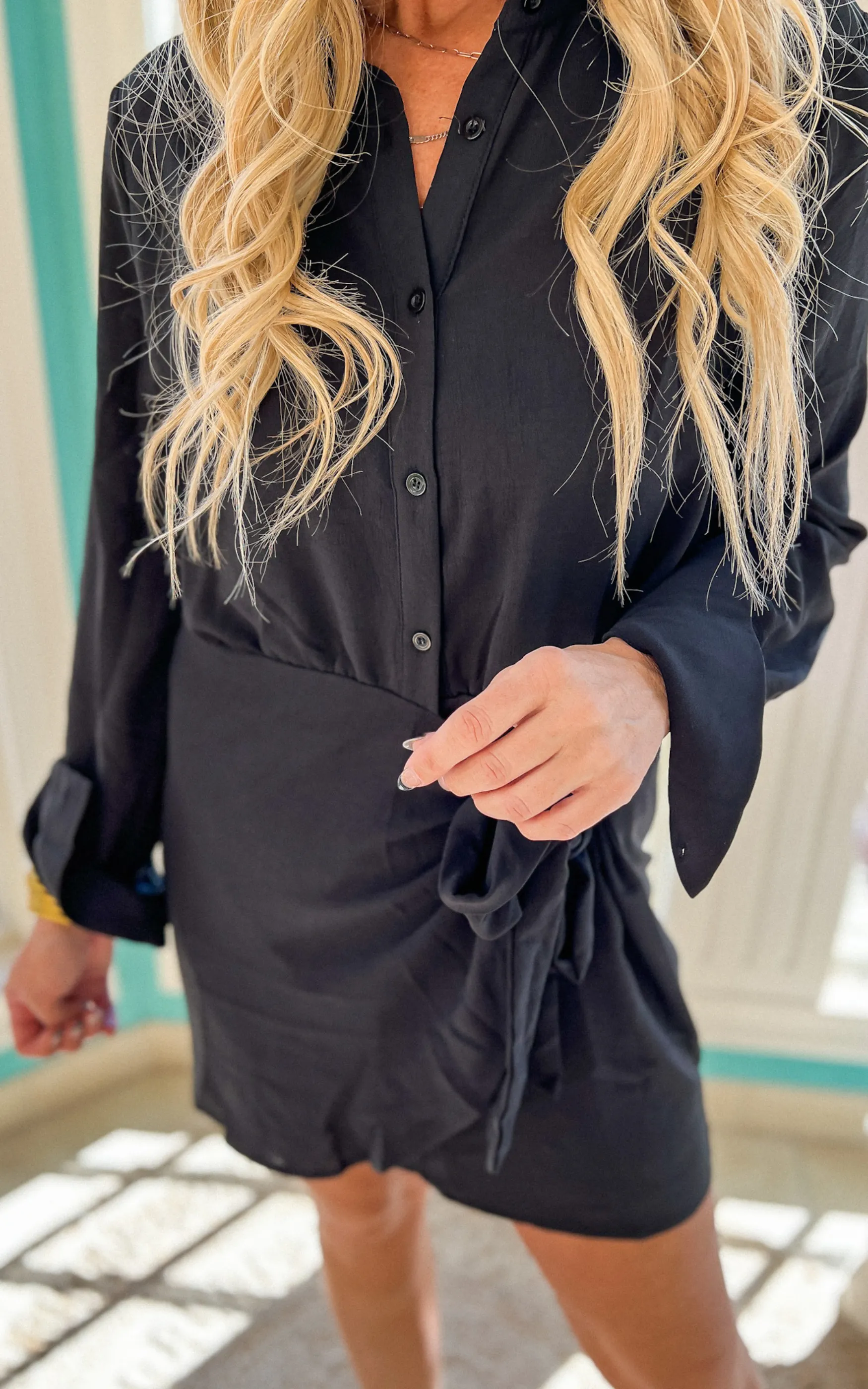 Tie Waist Warp Mini Dress - Black | FINAL SALE