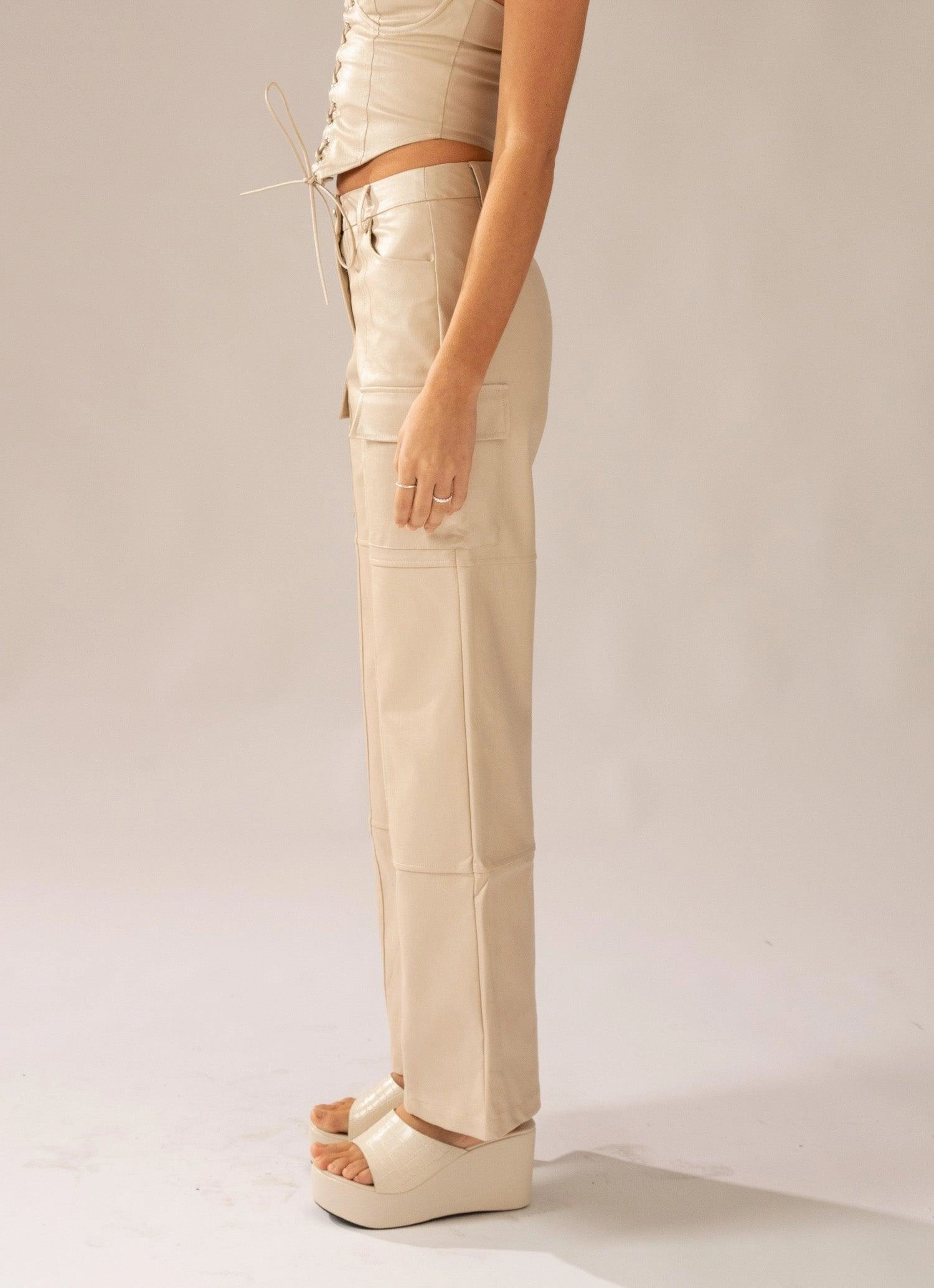 Walk On The Wild Side PU Cargo Pants - Stone