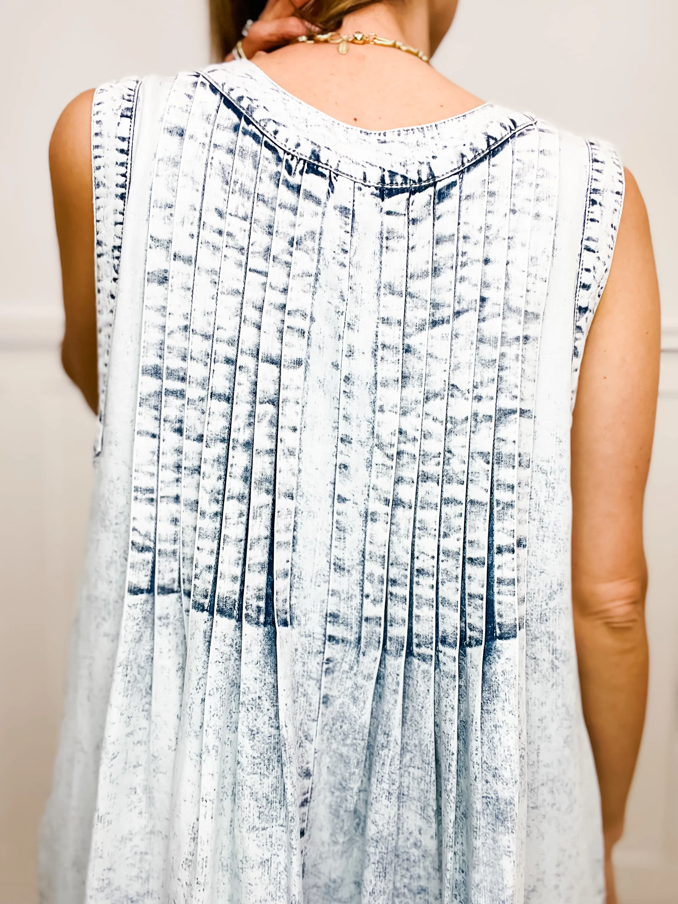 Washed Denim Pleated Front String Dress