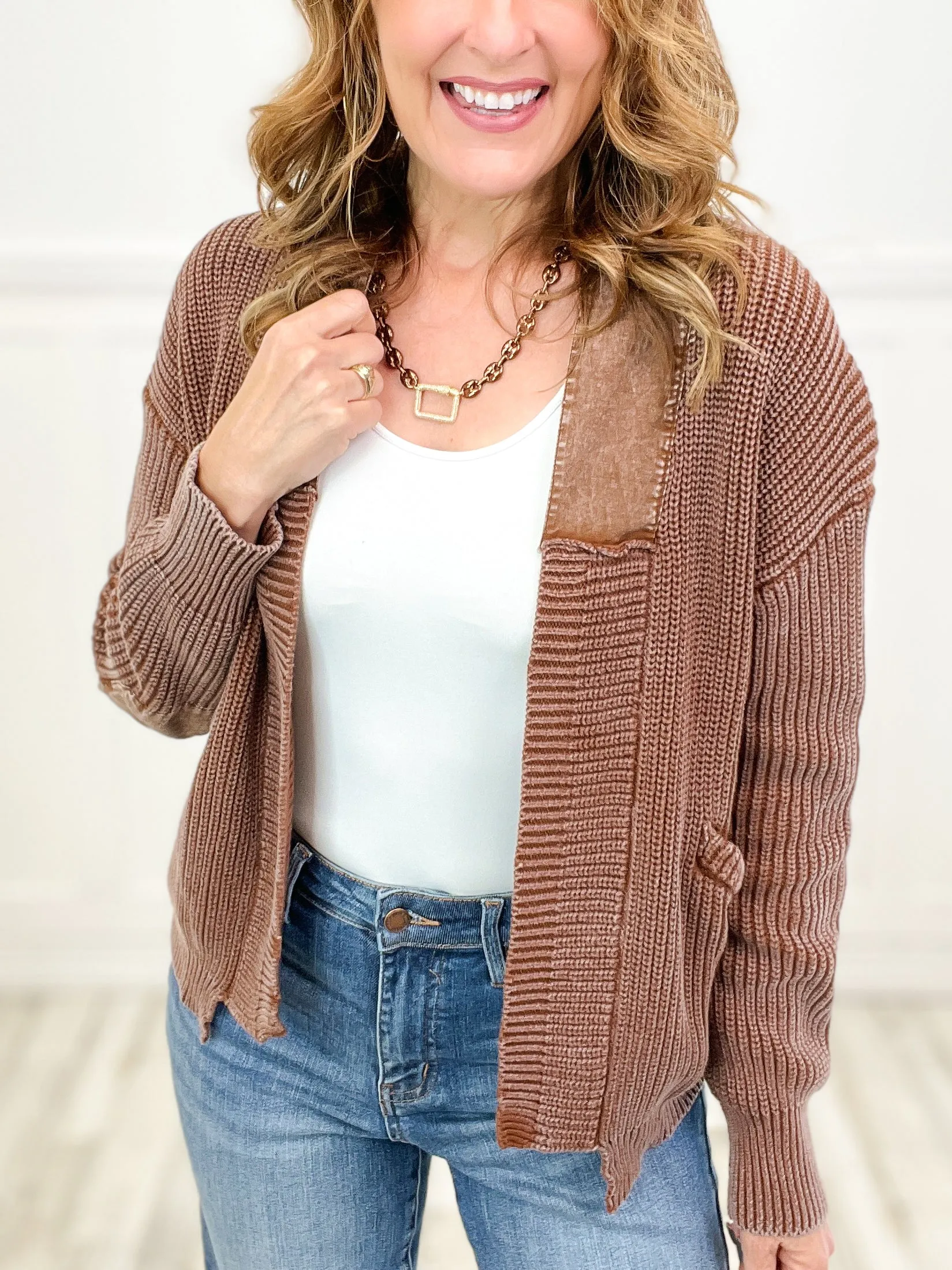 Western-Inspired Mineral Washed Open Front Sweater Cardigan with Pockets