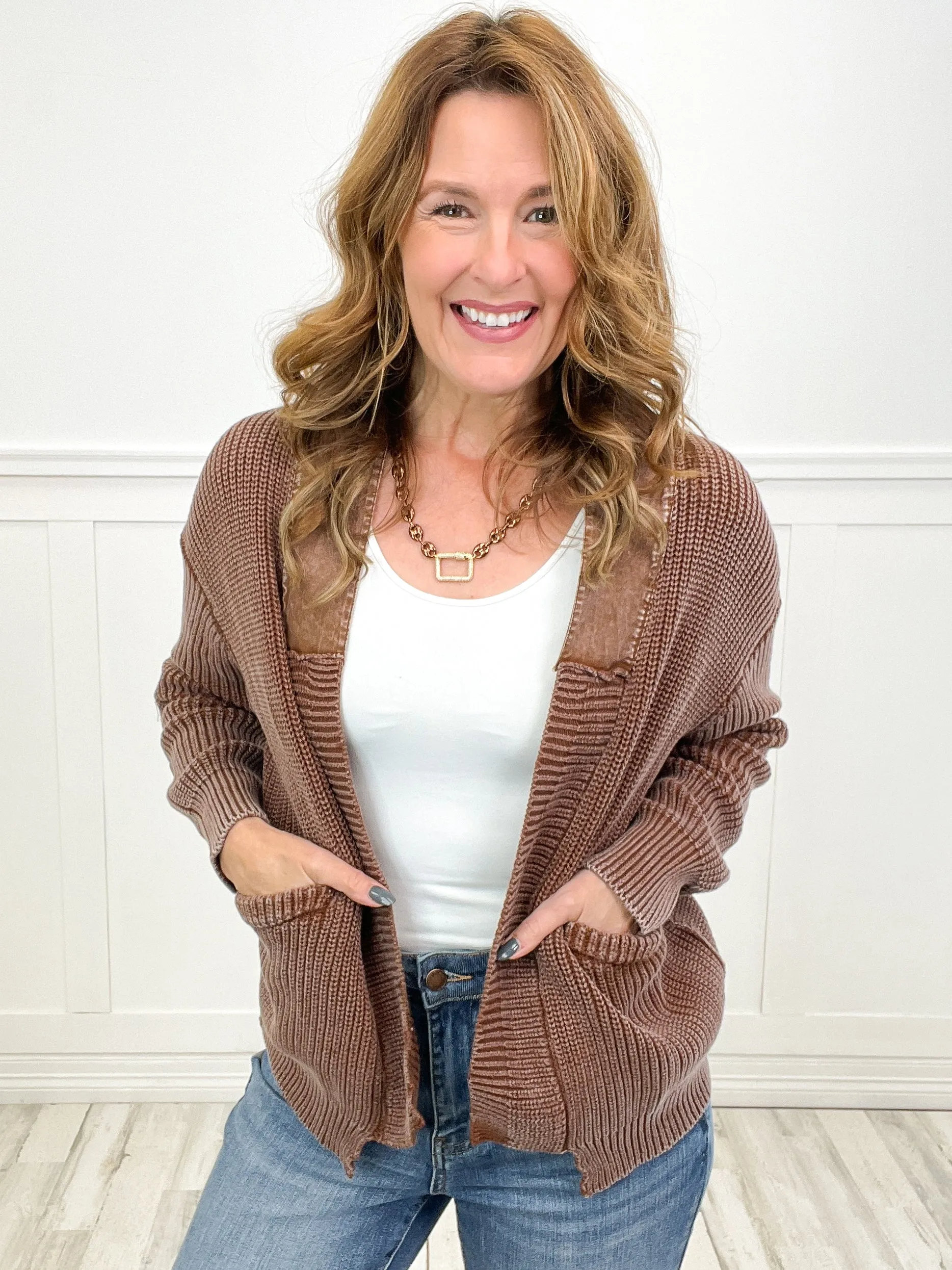 Western-Inspired Mineral Washed Open Front Sweater Cardigan with Pockets