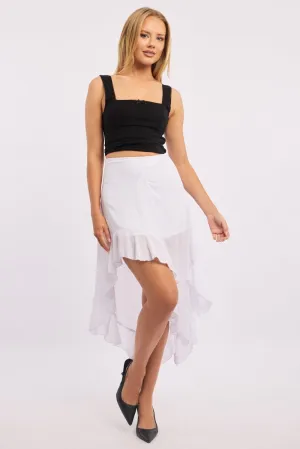White Frill Skirt High Waisted High Low Midi
