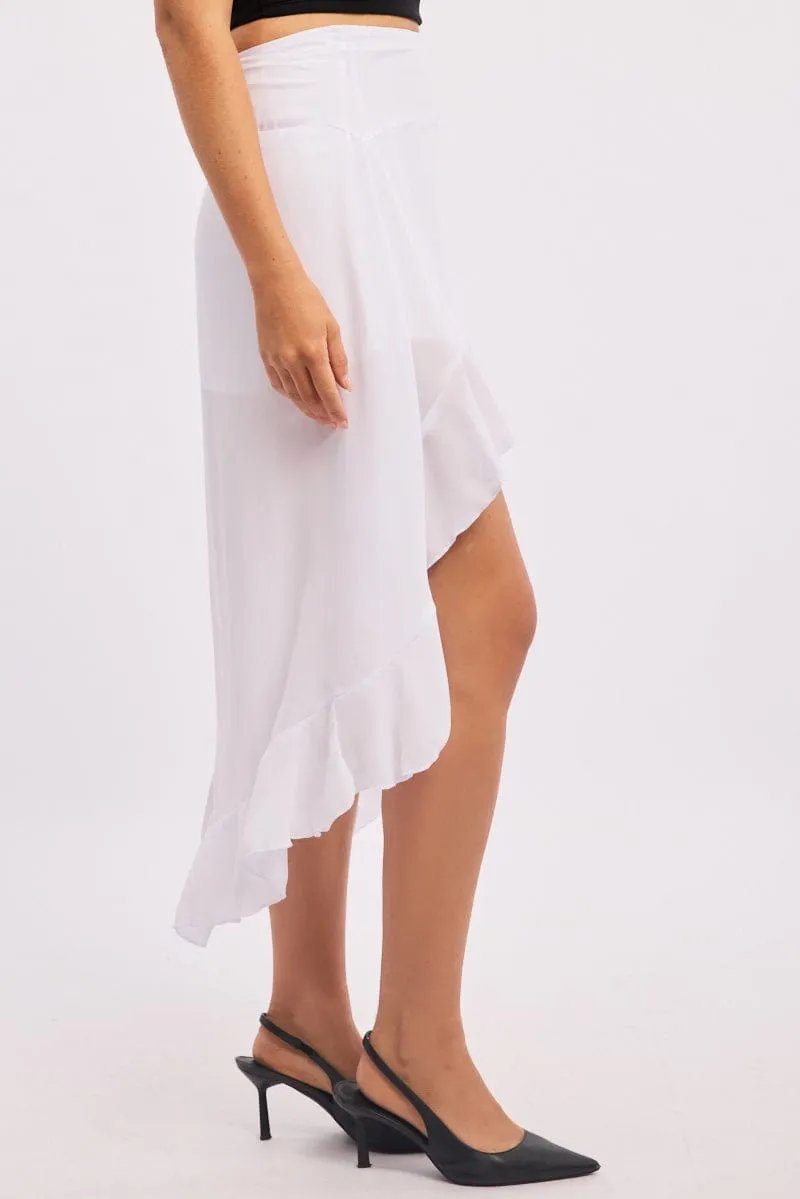 White Frill Skirt High Waisted High Low Midi