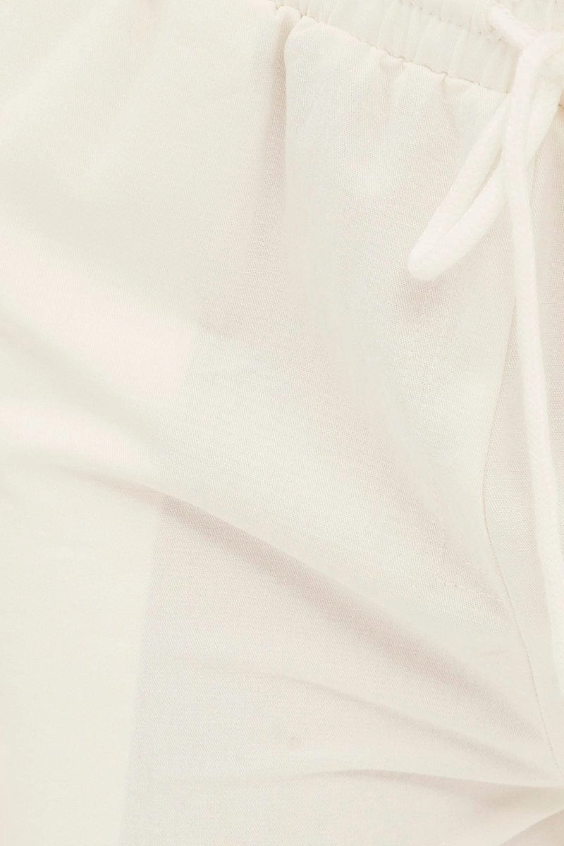 White Cargo Pant Wide Leg Elastic Waist Cotton Twill